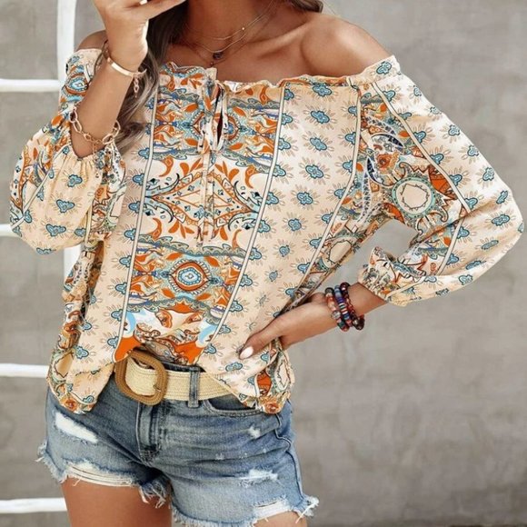 Boho Floral Print Off Shoulder Blouse Multi Color Tan - Picture 2 of 4